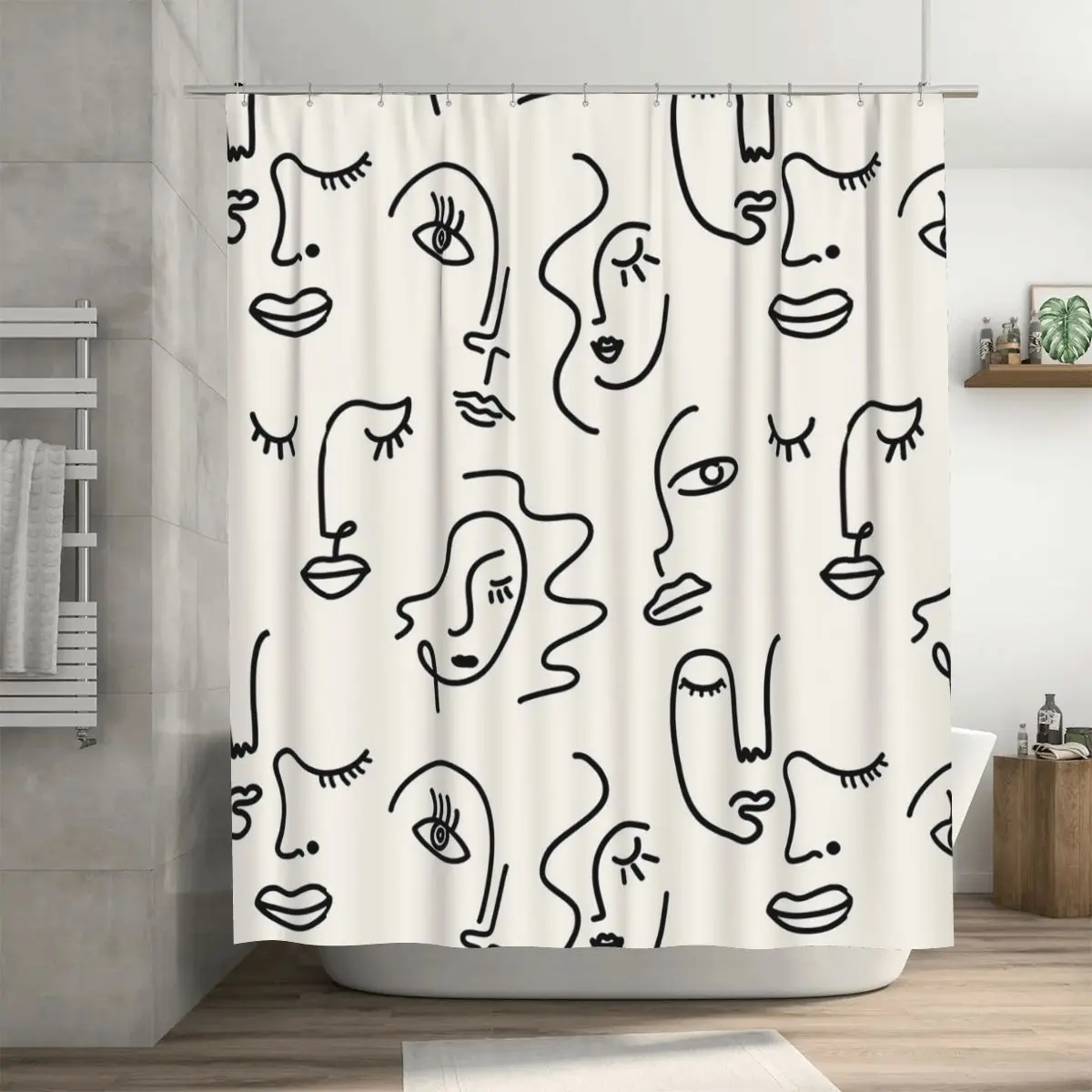 Abstract Faces Line Art Pattern Shower Curtain Bathroom Polyester Waterproof Bath Curtains with Hooks