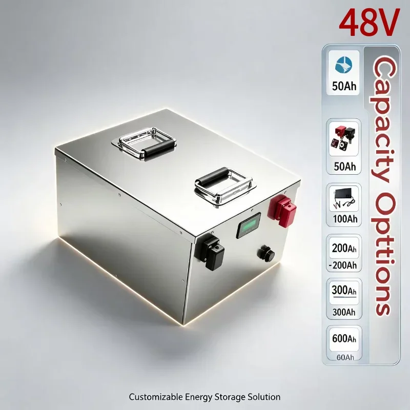 48V High Capacity LiFePO4 Storage Battery 50Ah-600Ah Built-in BMS Lithium Pack for Solar PV, 4KW/9KW Inverter, RV and Off-grid E