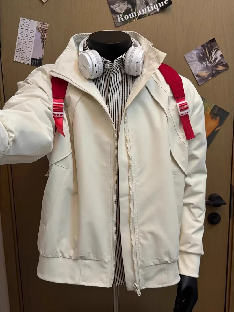 

White Deconstructed Pilot Jaet Men's Autumn Faionable Stand Collar Tee-Proof Jaet Boxy Loose Fit American Sle