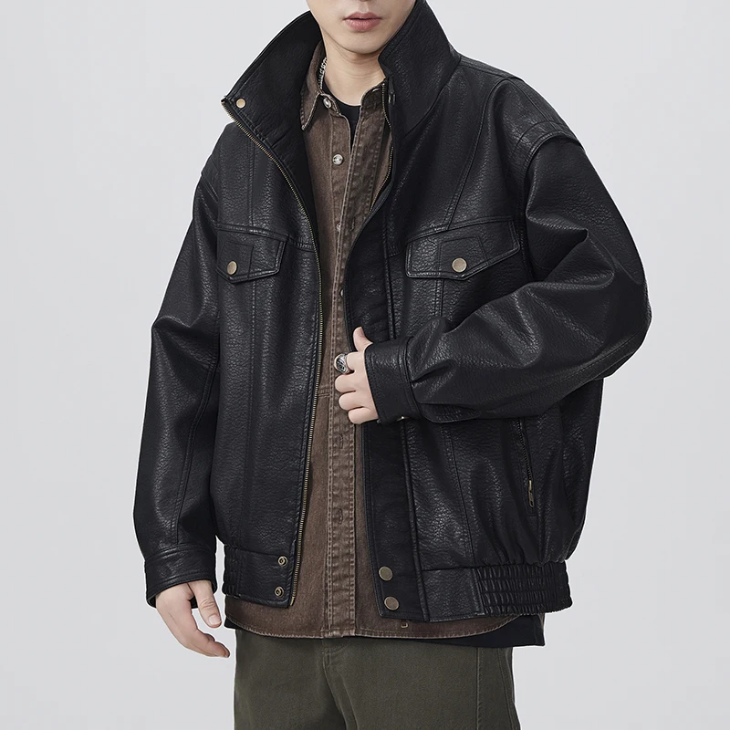 

Retro Motorcycle Soft Leather Jacket Men American Simulation Streetwear Jacket Baggy Coat Autumn High-End Sensation Casual Wear