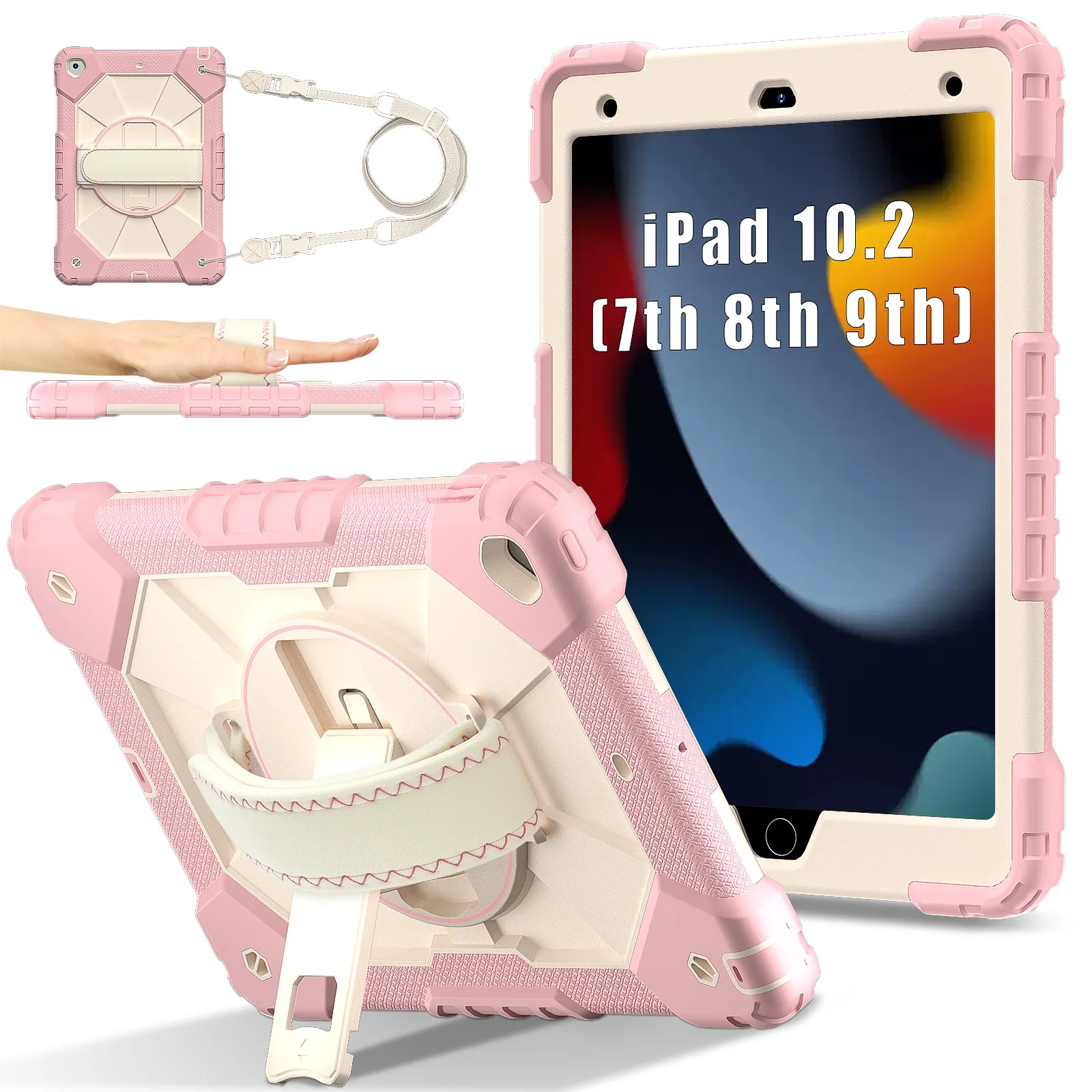 For iPad 10.2 2019 2020 2021 7th 8th 9th Heavy Duty Hybrid Case Generation 360 Rotatable Stand Cover With Hand Shoulder Strap