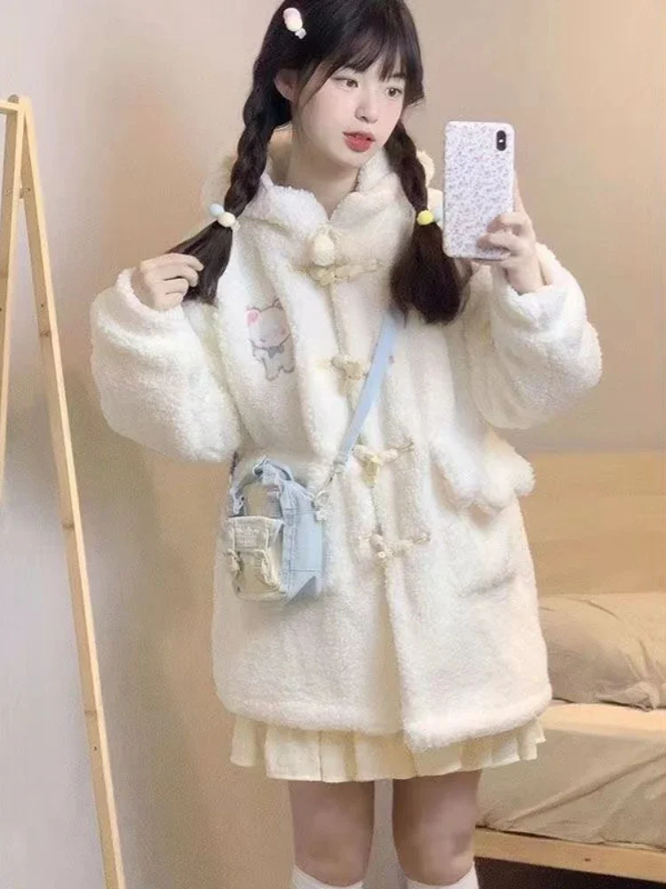 White Lolita Kawaii Wool Coat Women Loose Japanese Sweet Cute Hooded Jacket Female Pockets Korean Casual Coat Warm Winter 2024