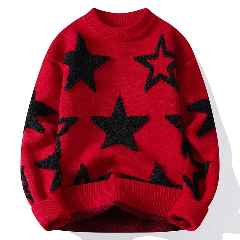 Men's White Pullover Star Design Round Neck Knitwear Soft Comfortable Oversized Autumn Winter Casual Pullover for Male