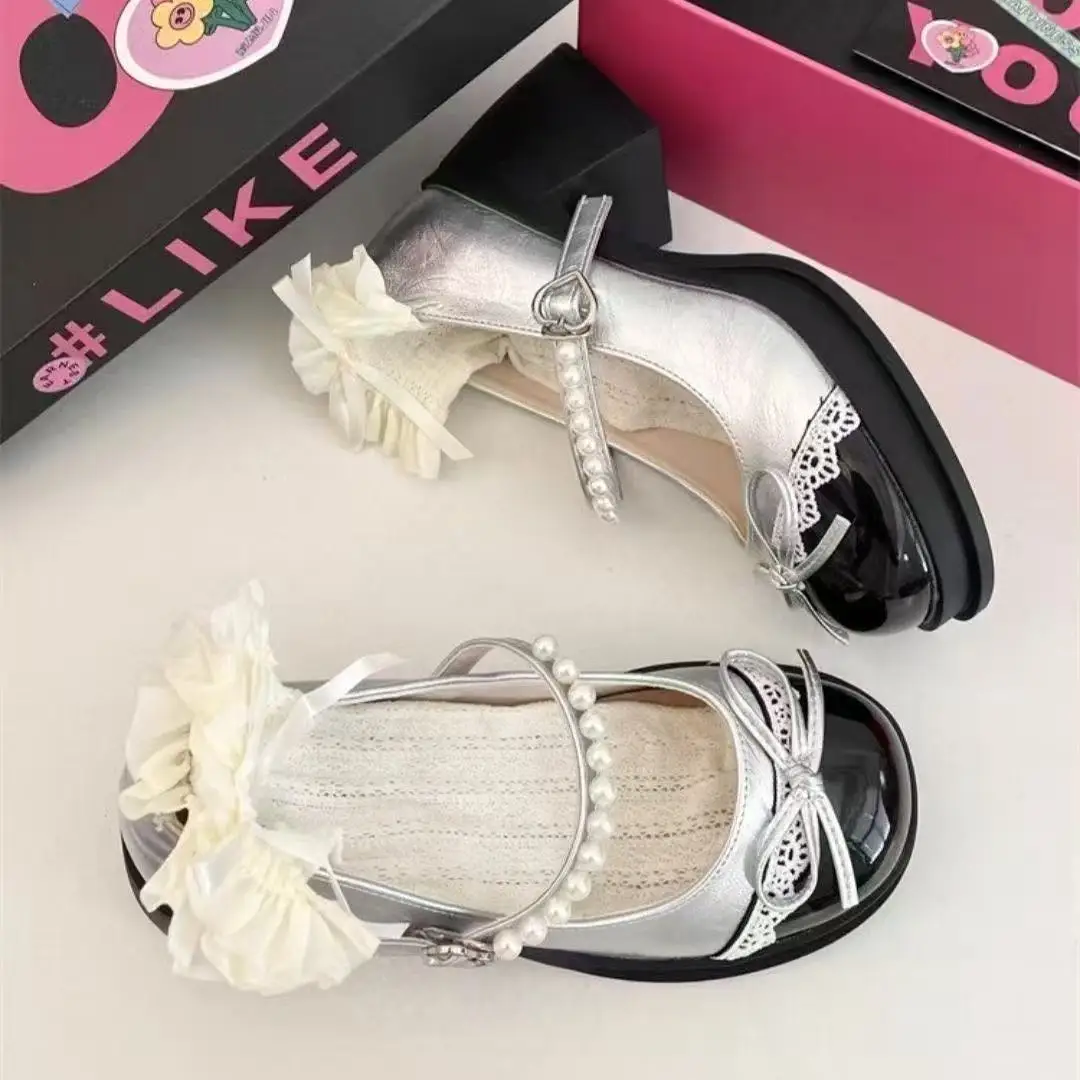 Women's Fashion Matching Small Skirt High-heeled Mary Jane Shoes Spring and Summer New Bow Decorated Shallow Mouth Low-top Shoes