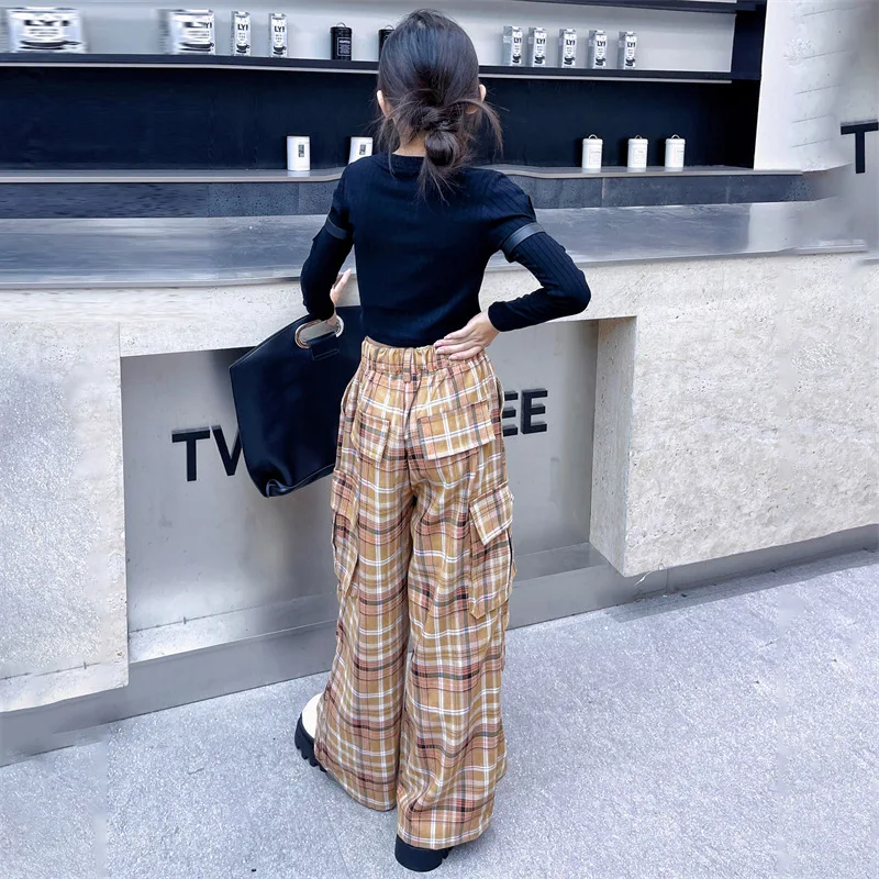 Teen Girl Checkered Wide Leg Pants Autumn Junior Casual Hip Hop Cargo Pants Kid Trouser Cotton Hollow arm T-shirt Child Clothes