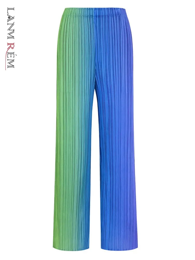 LANMREM-Pantalones plisados informales para mujer, pantalón holgado de pierna ancha con degradado, cintura alta, Color contrastante, moda 2024, 32C1024