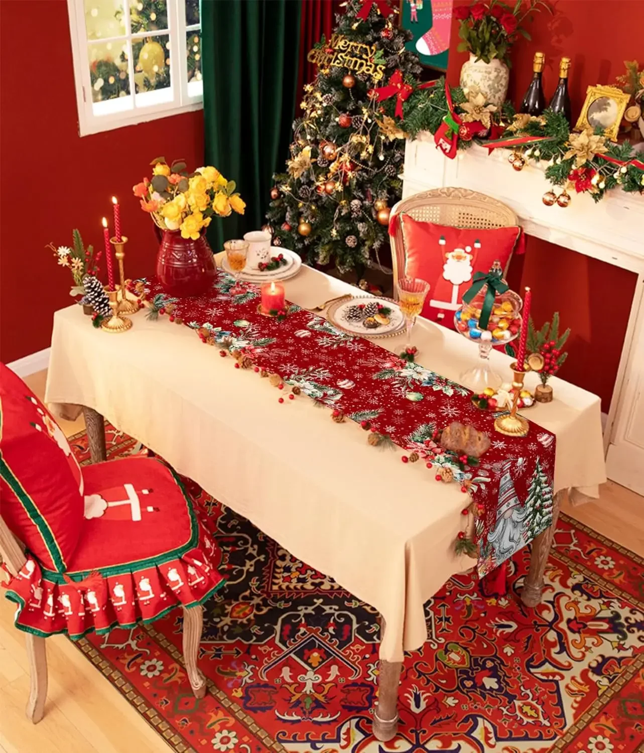 1Pc Christmas Gnome Style Table Runner Red Snowflake Pine Cone Santa Claus Print Table Cover For Dining Table Kitchen Party Deco