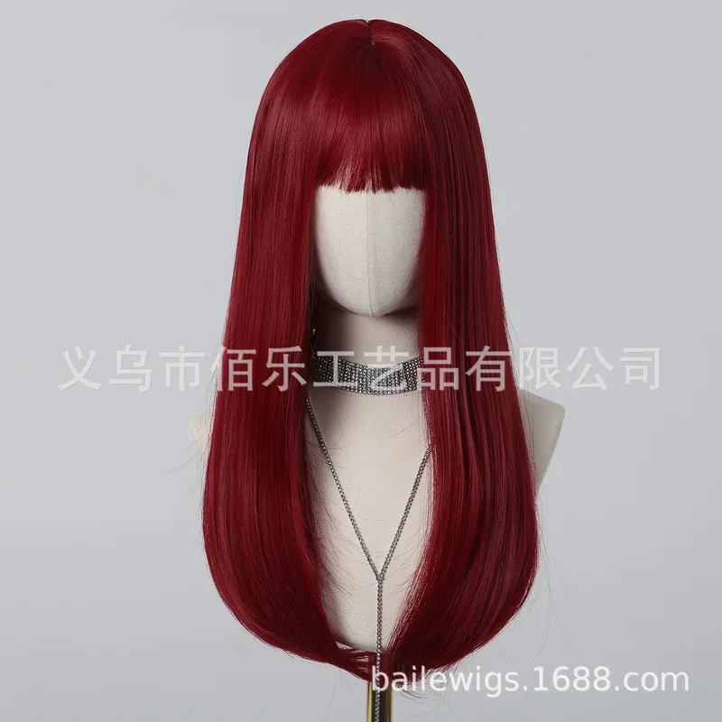 Haibao Red Straight Long Wig with Bangs, High-Temperature Synthetic Fiber Wigs