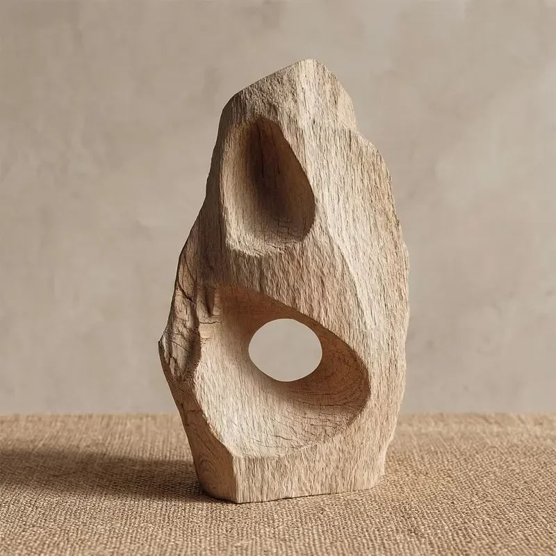 Hand Carved Wooden Sculpture Abstract Hollow Texture Wabi Sabi Art Decor for Zen Farmhouse Home Space Original Natural Wood