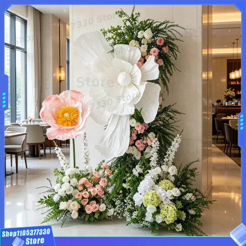 Giant Handmade Paper Flower Wedding Backdrop Pleated Plastic Simulation Bloom Stage Decoration 3D Props for Photography