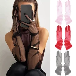 Transparent Gloves for Women Dress Sheer Mesh Gloves Sexy Thin Elbow Long Gloves Wedding Full Finger Anti-UV Cycling Driving