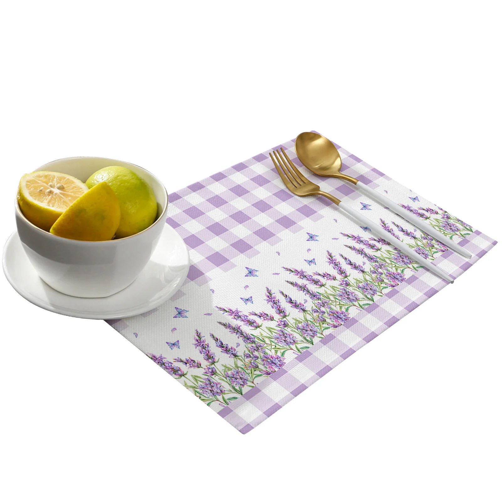 Rural Lavender Purple Plaid Kitchen Dining Table Decor Accessories 4/6pcs Placemat Heat Resistant Linen Tableware Pads Mats