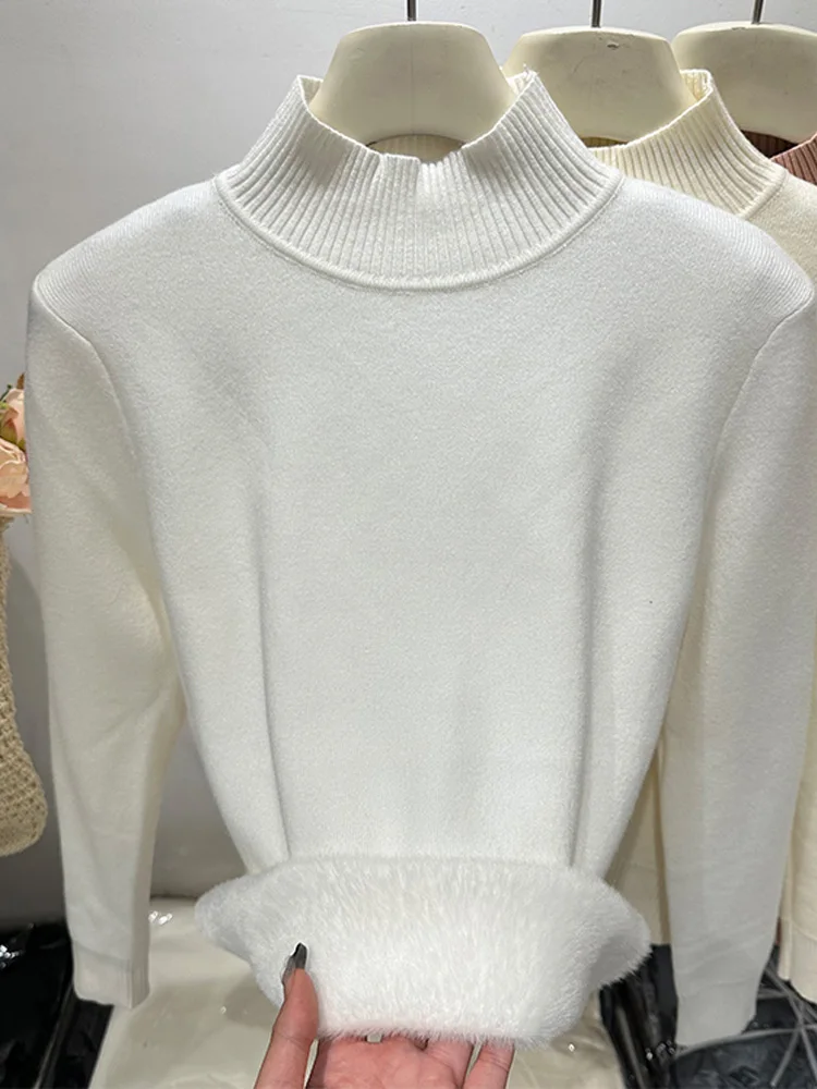 秋冬フリース長袖モックネックレディースセーター新ファッションプルオーバーニットセーター女性エレガントニットボトムス
