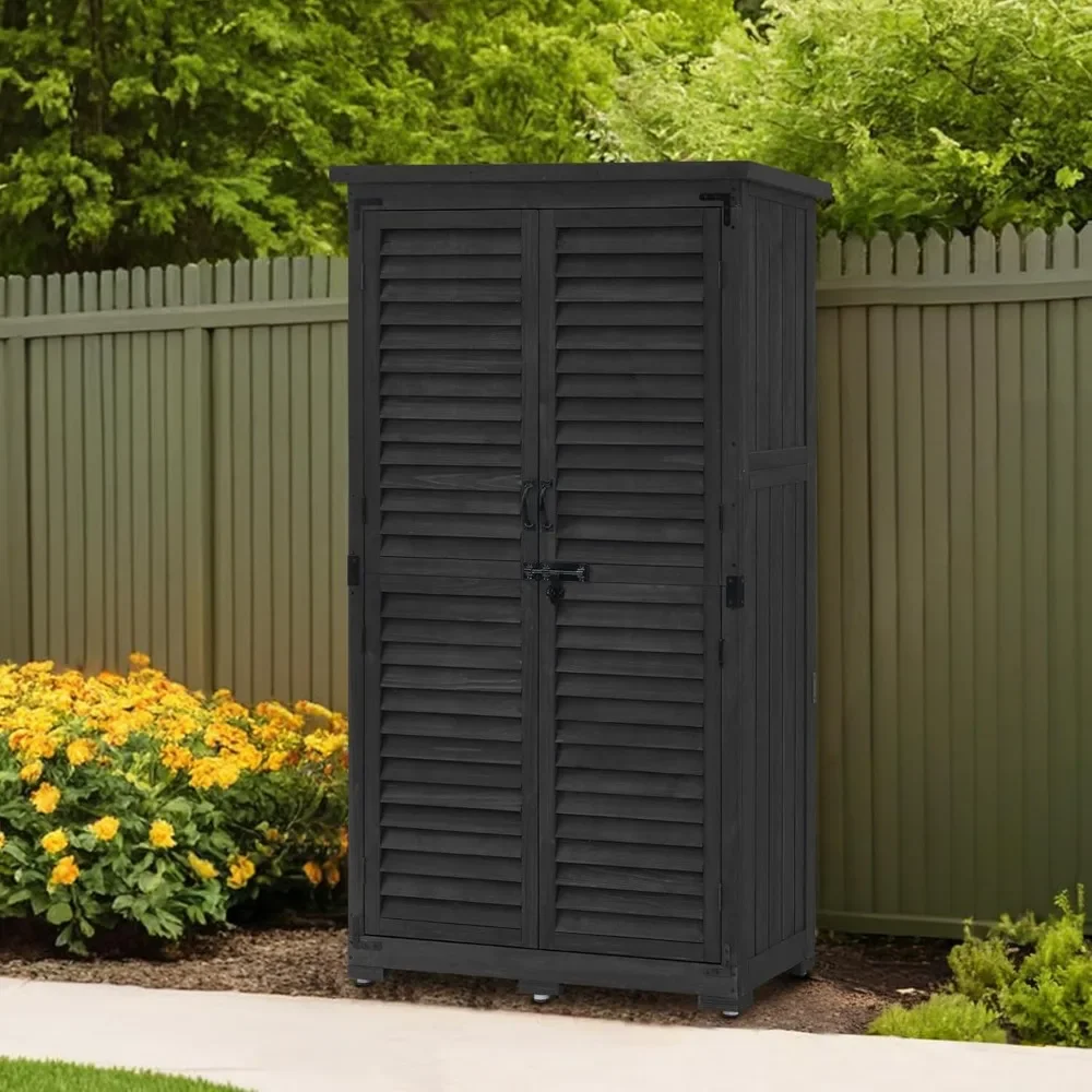 

Outdoor Storage Cabinet, Garden Storage Shed, Outside Vertical Shed with Lockers, Outdoor Wood Tall Cabinet for Yard and Patio
