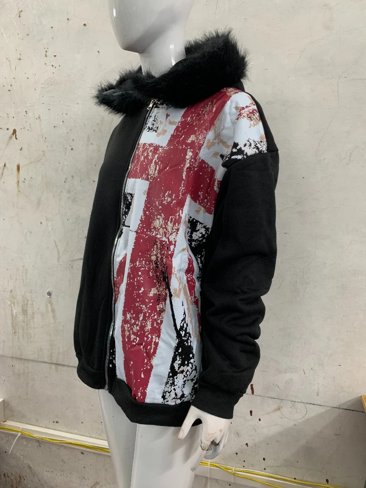 2025 Col En Cuir Drapeau National Imprimé Zipper Sweat À Manches Longues Pull À Capuche Rétro Veste Rue Y2K Populaire Haircoat