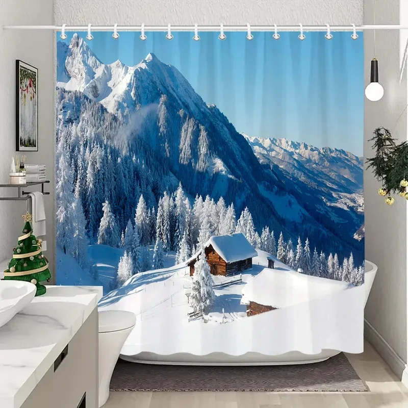 PO01 Winter Outdoor Forest Snow Shower Curtain Farmhouse Mountain Landscape Polyester Fabric Washable Shower Curtains Bathroom