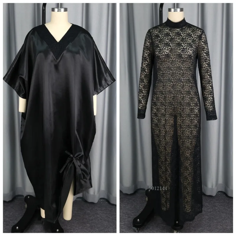 

Elegant Shiny Dresses Lace Inside Dress Africa Clothing Long Sleeves Autumn Occasion Female New Women Two Pieces Set Dresses