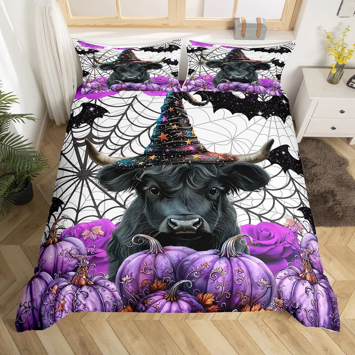 Halloween Twin Duvet Cover, Spooky Ghost Pumpkin Bat Bedding Set, Horror Castle Funny Halloween Comforter Cover for Kids Adults