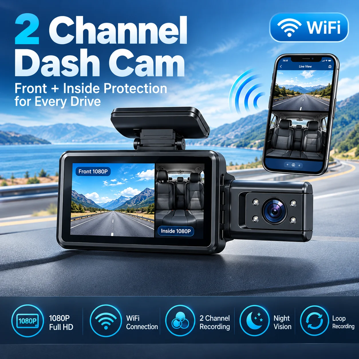 HD 1080P Car DVR Dash Cam with 3 Lens Wide Angle Night Vision G-Sensor Loop Recording for Front Inside and Rear Vehicle Camera
