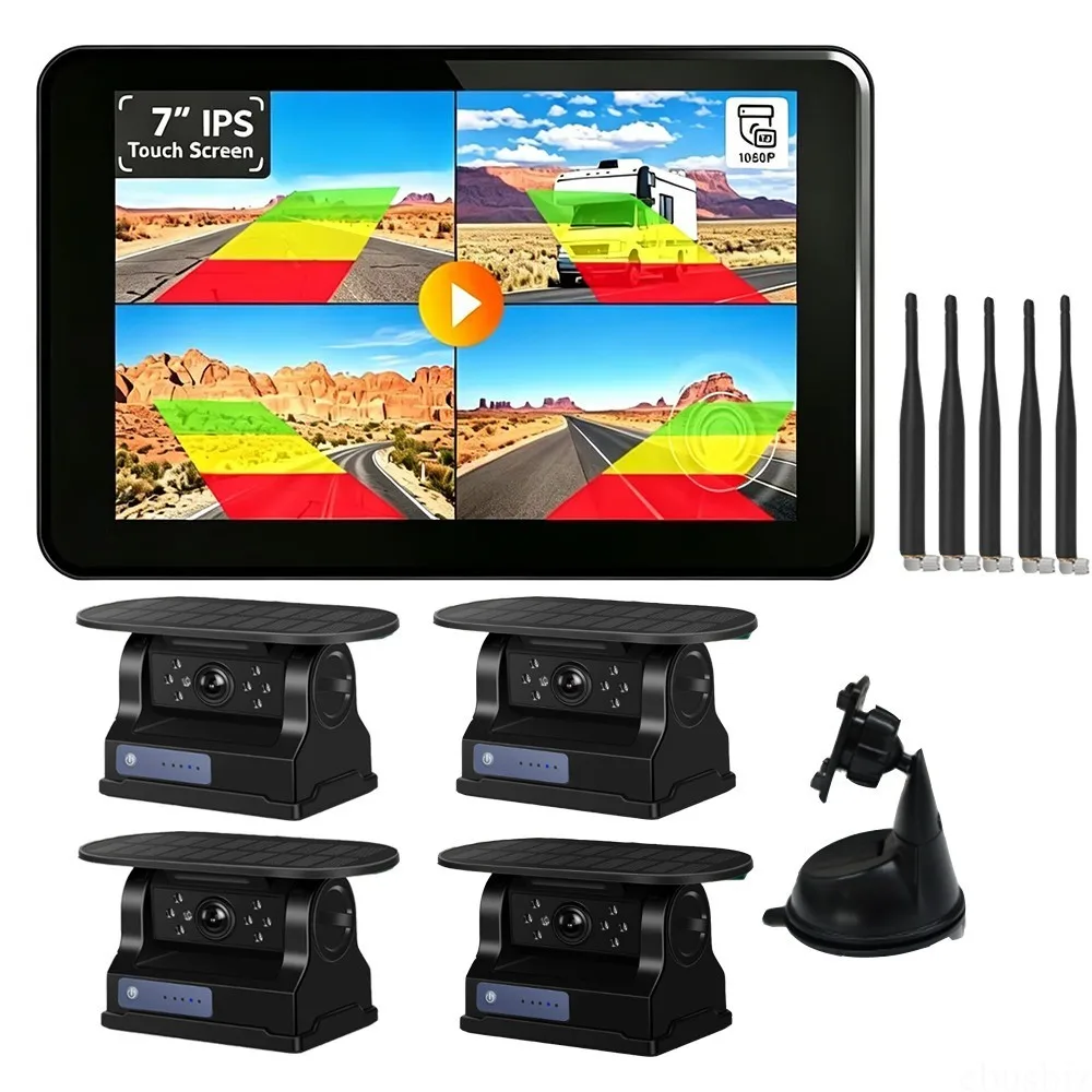 Solar Magnetic Wireless AI BSD Backup Camera 7'' 4CH Quad Monitor DVR Loop Recording Rear View Cam for Truck RV Camper Caravan