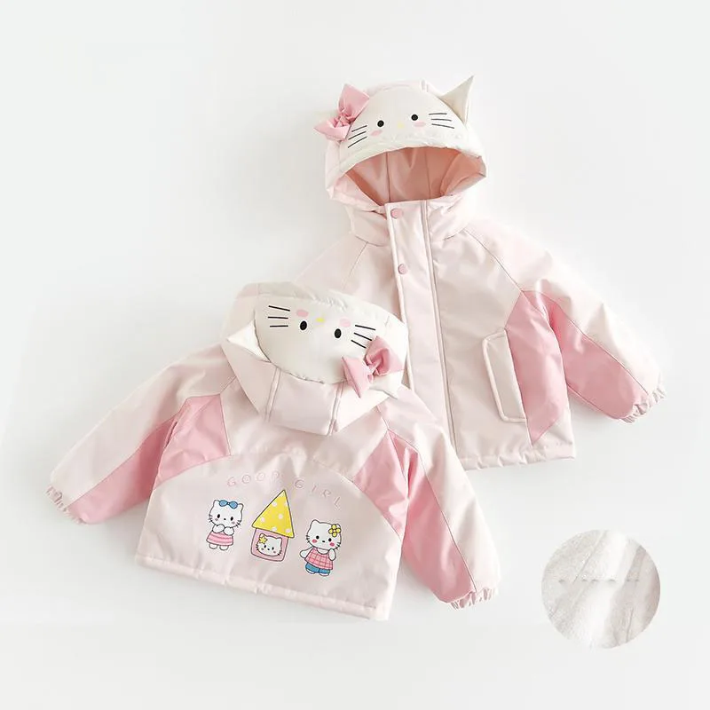 

Зимняя флисовая куртка с капюшоном с героями мультфильмов для девочек, розовое утепленное пальто с узором «Hello Kitty», повседневные модные свободные хлопковые куртки