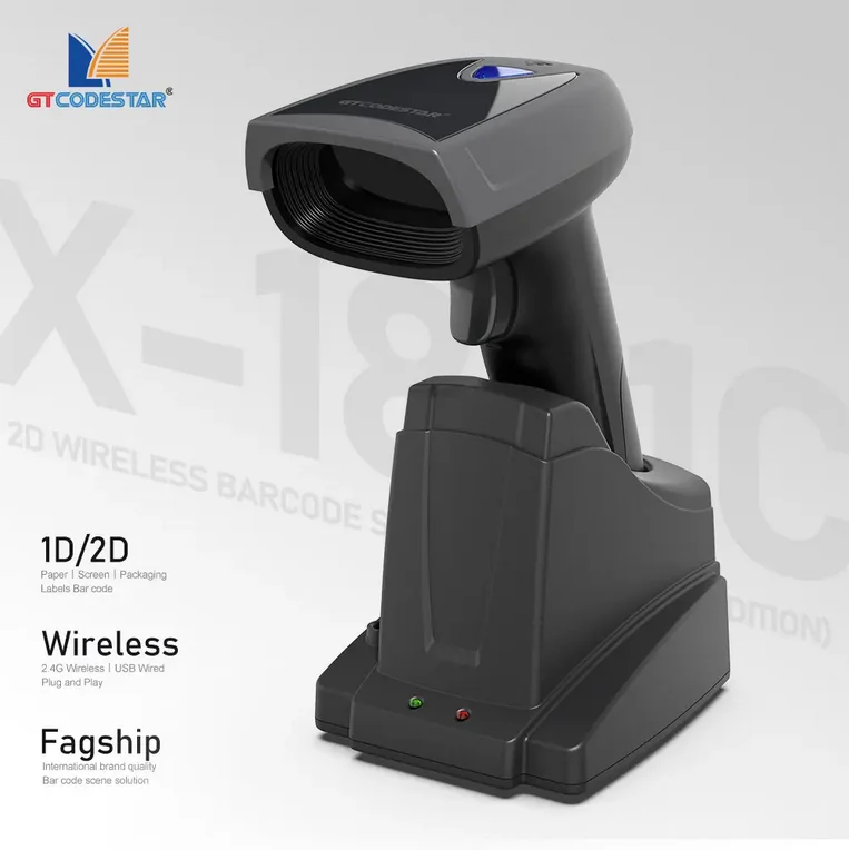GTCODESTAR X-1801C WIreless Barcode  Reader 1D Qr Code Reader Scanner Handheld 2D Barcode Scanner with Stand