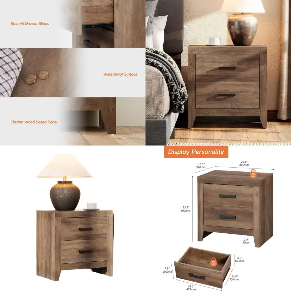 

Деревянная прикроватная тумбочка в стиле фермерского дома с 2 ящиками, приставной столик для хранения вещей для спальни и гостиной, коричневый