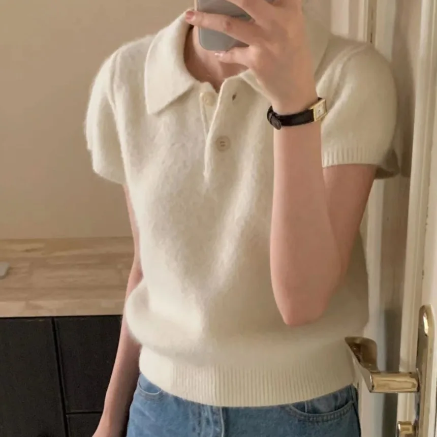 Maglione lavorato a maglia Chic Ne per donna Primavera New Sle Simple Ele ort Sve Top in fibra di poliestere con colletto rovesciato