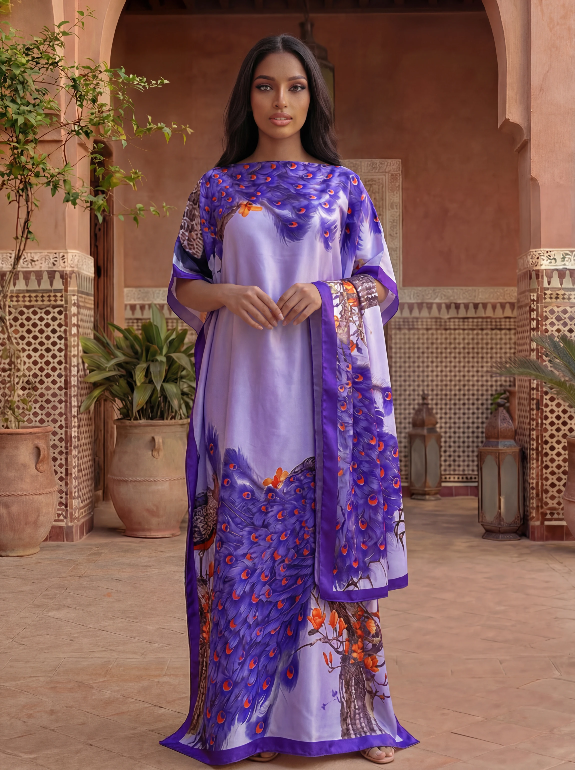African Women's Printed Abaya With Scarf - Dubai Style Loose Boat Neck Batwing Sleeve Maxi Kaftan Dress