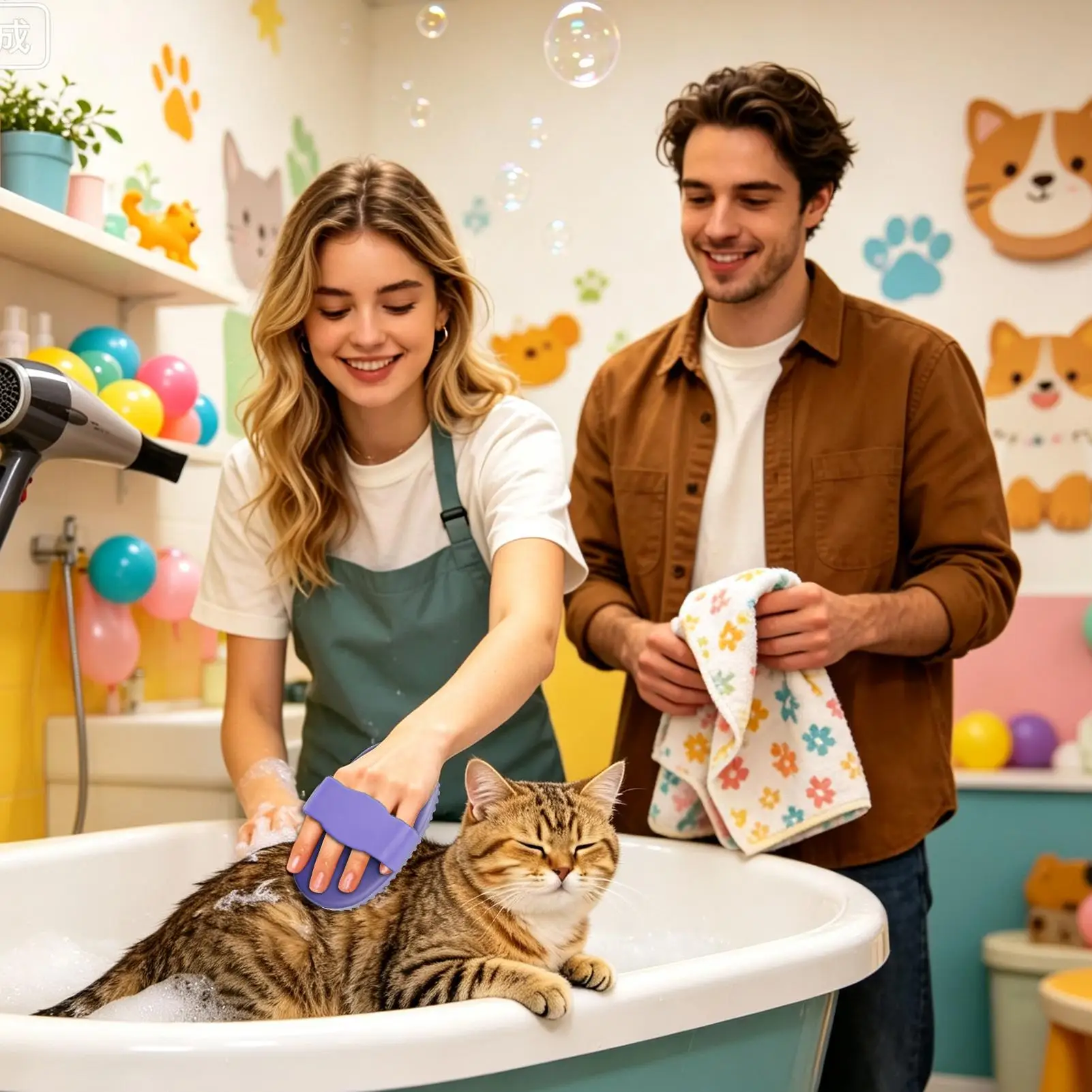 Pet Grooming Comb Cat Dog Bath Brush Rubber Bristles Soothing Massage Shedding Tool With Ring Handle For Bathing Massaging