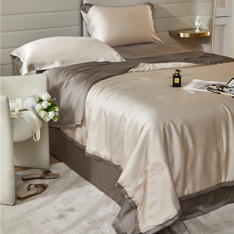 

2024 Long Staple Cotton Solid Color Stitching Four-piece Bedding Household Must Four Seasons Universal Luxury Bedding Khaki Gray