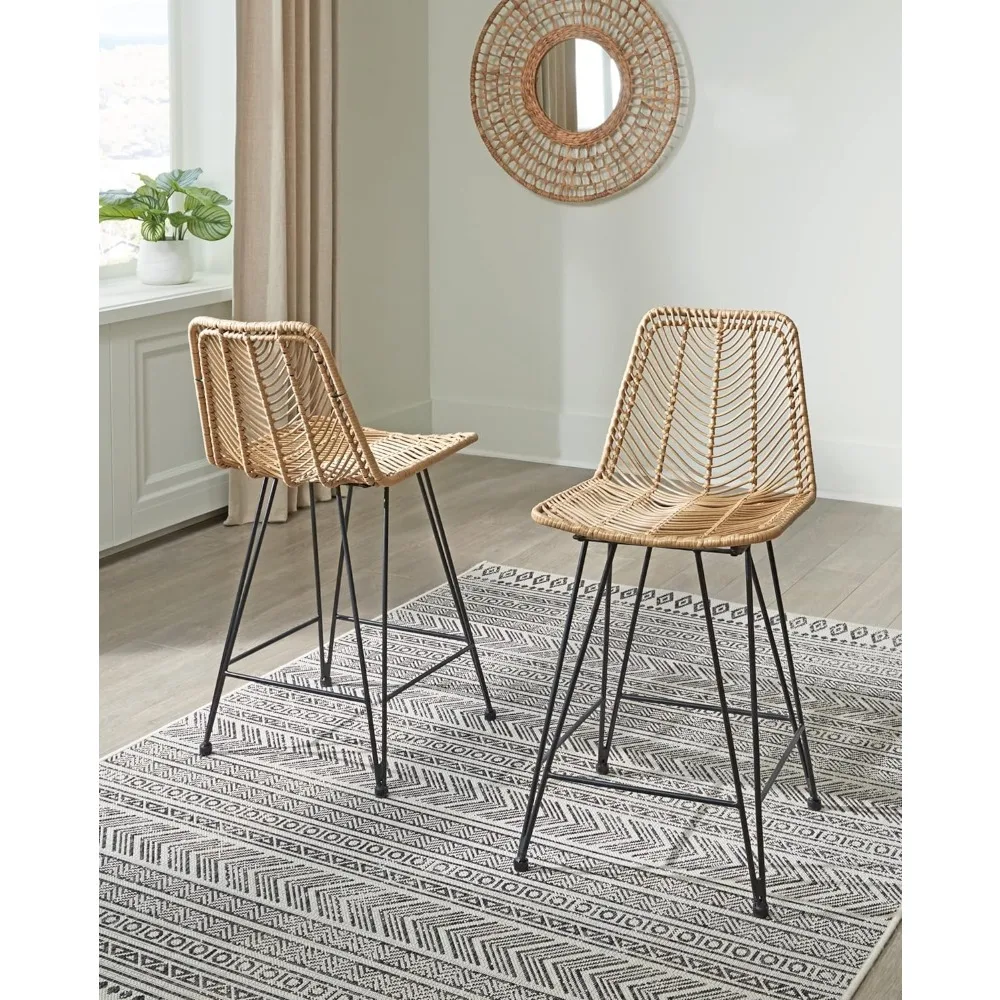 Signature Design by Ashley Angentree Bohemian Wicker Counter Height Barstool with Footrest, Set of 2, Black & Beige