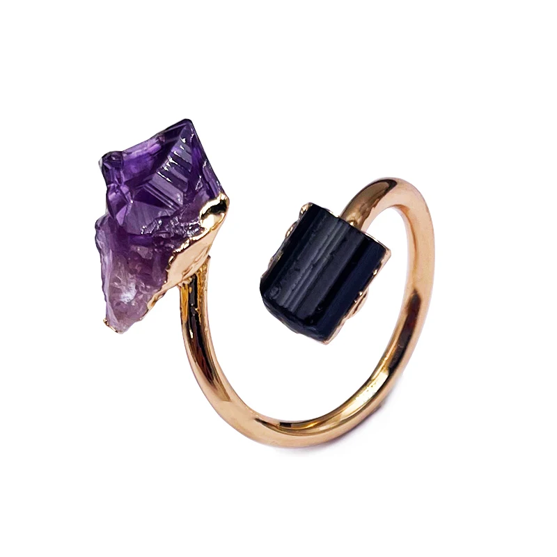 Irregular Black Tourmaline Open Ring Boho Golden Handmade Raw Purple Crystal Finger Jewelry Resizable