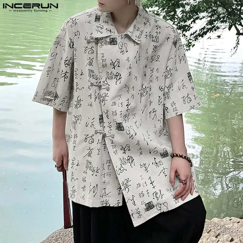 

INCERUN Chinese Style Kung Fu Shirts Chinese Character Print Button Down Blouse Casual Streetwear Male Half Sleeved Shirts S-5XL