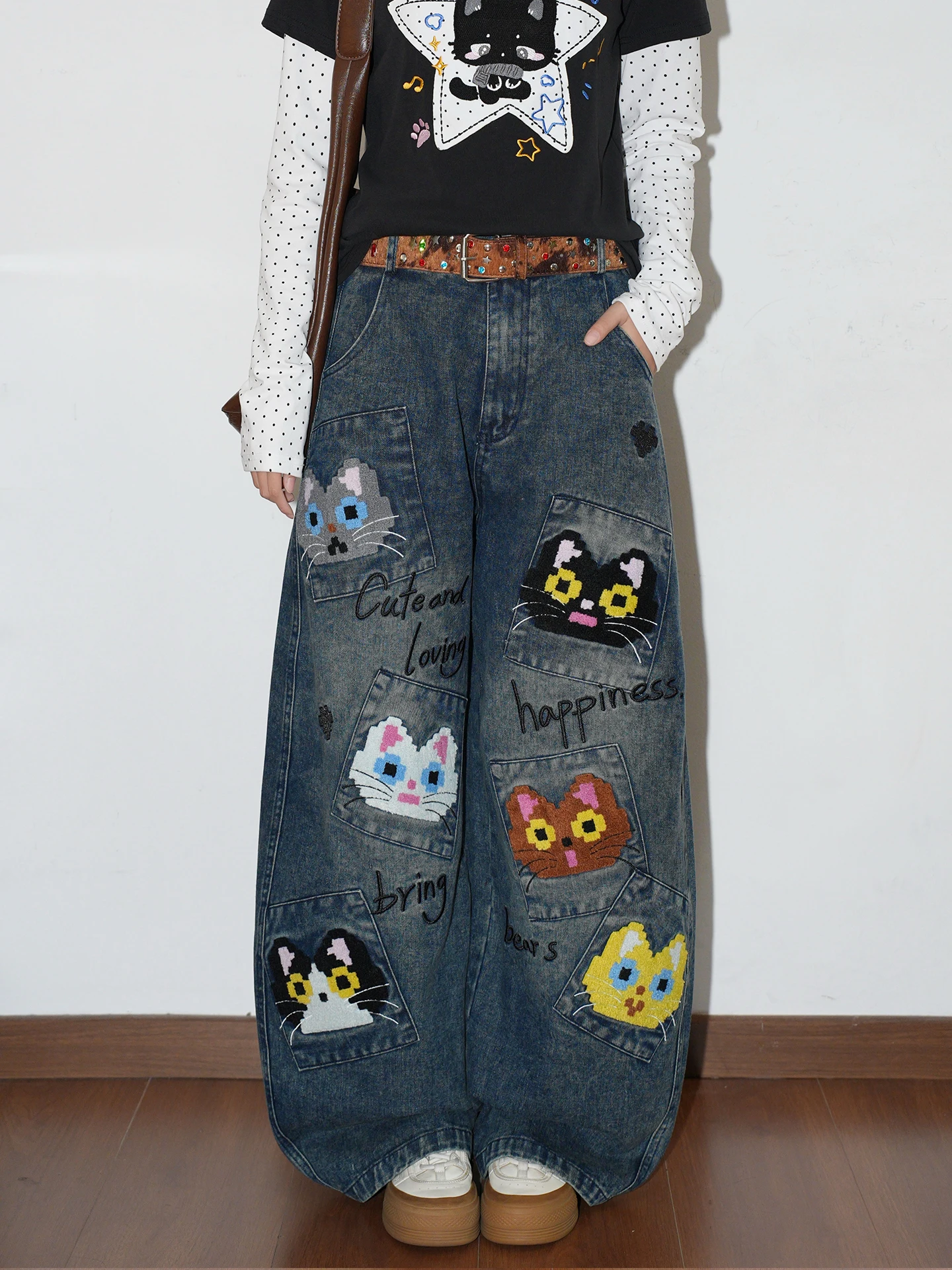 Retro American Cartoon  Denim Pants Women Loose Straight Leg Trousers Autumn New Style Comfortable Casual Blue Jeans