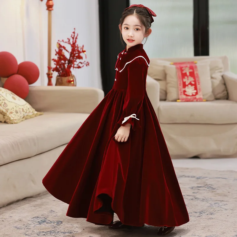 New Year Host Dress for Girls Red Spring and Autumn Piano Performance High-end Children's Birthday Princess Dress Performance Co