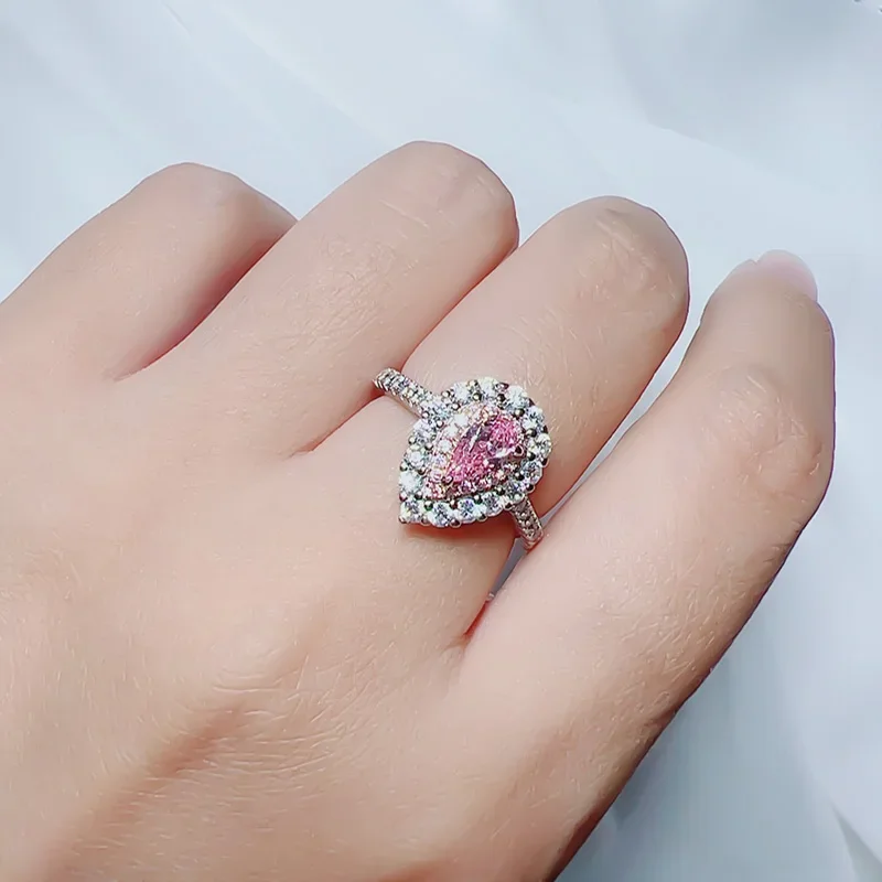 925 sterling silver pear shaped cherry blossom powder light luxury ring imported high carbon diamond micro inlaid temperament