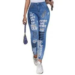 Fashion Alphabet Print Stretch Leg Pencil Jeans Women Trend Broken Holes Denim Pants Female Slim Mid Waist Button Chic Trousers