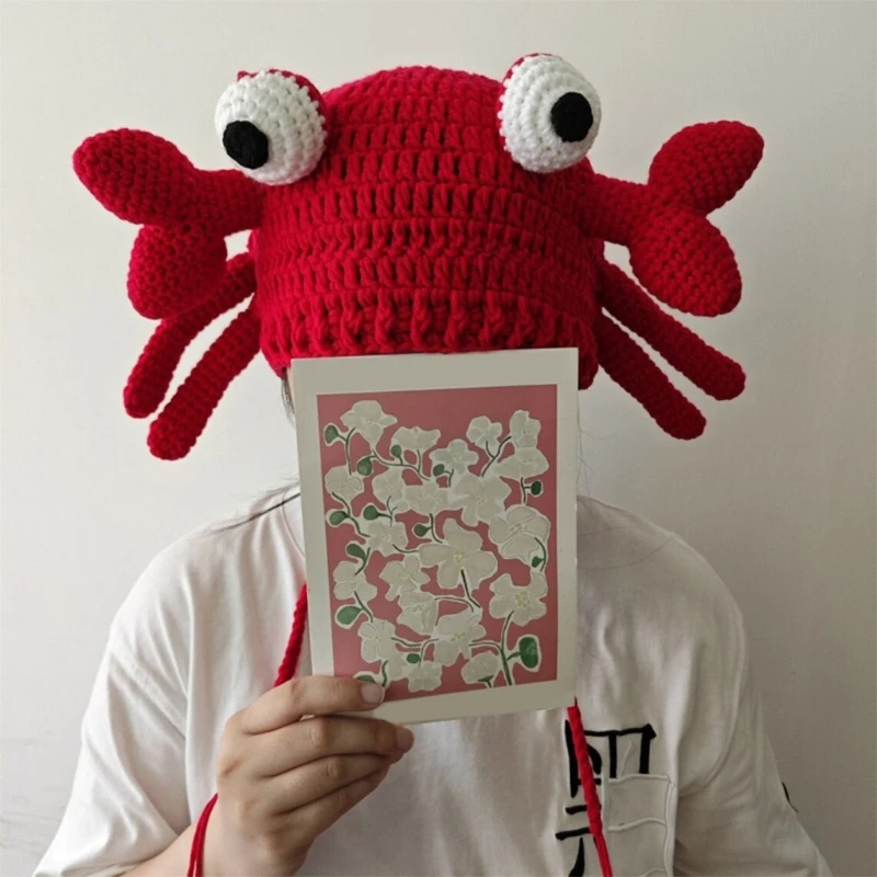 Crab Theme Beanie Halloween Party Hat Knitted Hat Balaclava-hat Thicken Crab Hat Red Harajuku Photo Prop