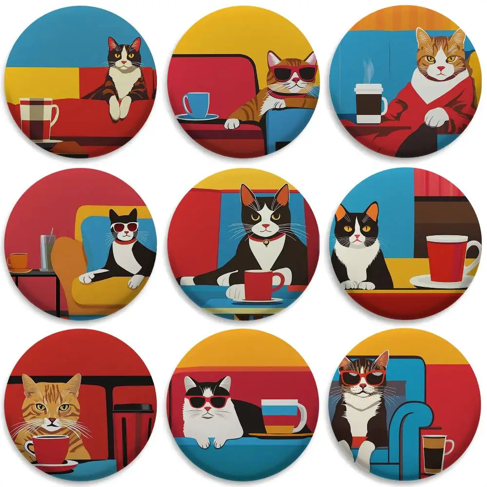 

Bop Style Coffee Cats Badges Round Exquisite Badge Brooches Creative Pins For Clothes Hat Backpack Gift Accessories