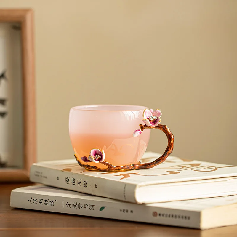 Cultural and creative handmade floral women's pink glass ceramic tea , master , coffee , drinking cup, home use, office