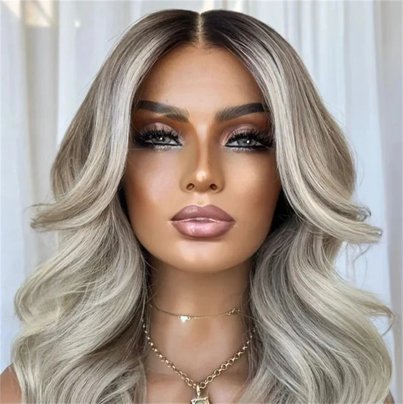 Ombre Platinum Short Wavy Bob Hair 13x4 HD Lace Front Wigs Natural Wave Dark Root Makeup Daily Synthetic And Blend Lace Wig