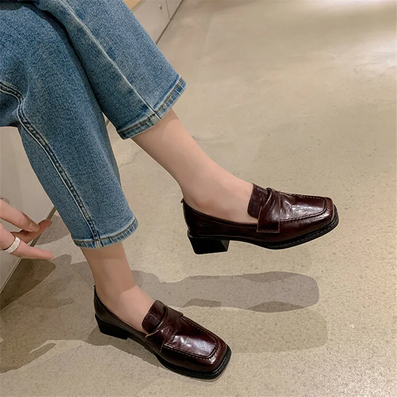 2023 New Autumn Genuine Leather Loafers Square Toe Chunky Heels Winter Women Pumps Shoes for Women Zaptos De Mujer Brown Shoes