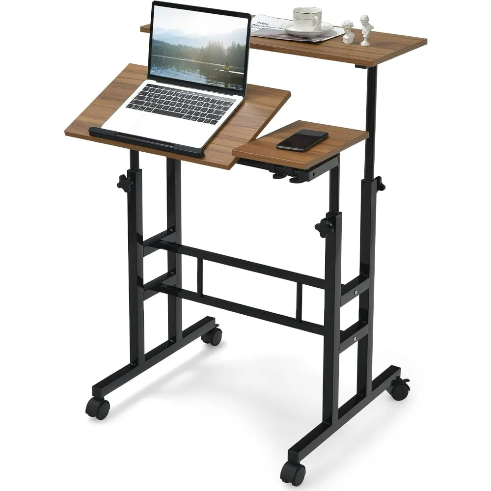 

Mobile Stand Up Desk, Height Adjustable Home Office Desk with Standing & Seating 2 Modes, Tilting Tabletop & Flexible Wheels, R
