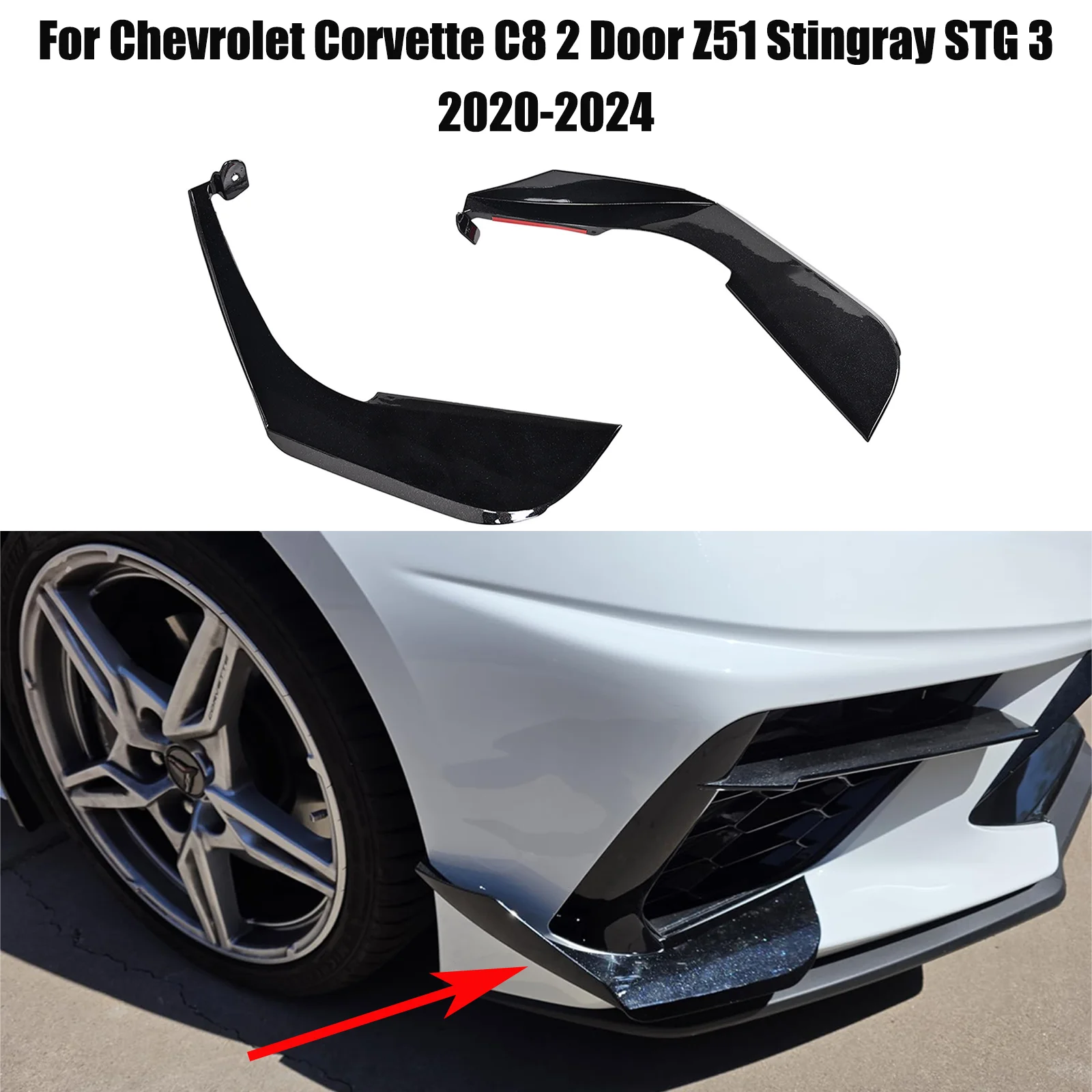 Front Side Canards Dive Planes Trim Air Vent Fins For Chevrolet Corvette C8 2 Door Z51 Stingray STG 3 2020-2024 Glossy Black