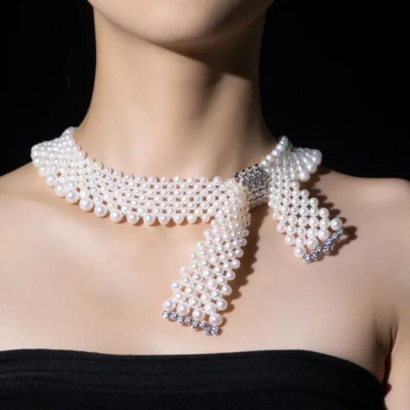 

BELLUX, серебро 925, синтетический циркон, полный белый жемчуг, бант, модное роскошное колье-колье, элегантные банкетные украшения