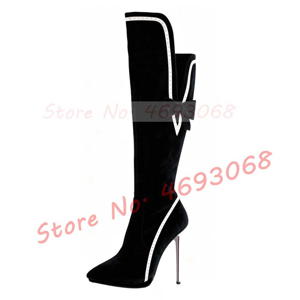 Pointy Toe V-shaped Upper Knee High Boots Women Classy Bow Decor Irregularly Patched Suede Boots Female Stiletto High Heels Shoe