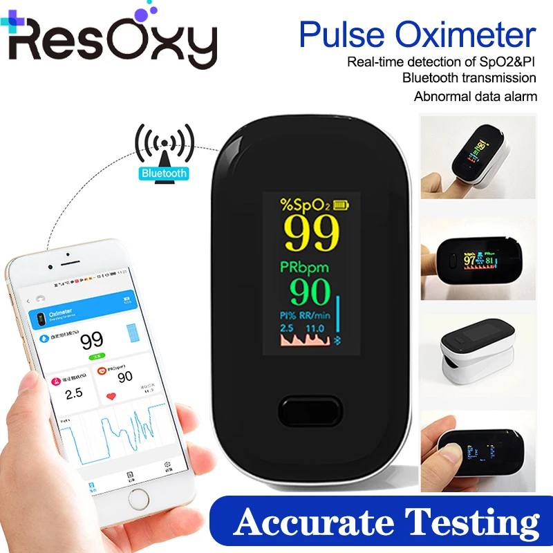 

Resoxy Bluetooth Пульсоксиметр на кончике пальца TFT HD Дисплей Монитор сердечного ритма и насыщения крови кислорода для приложения Android и Apple