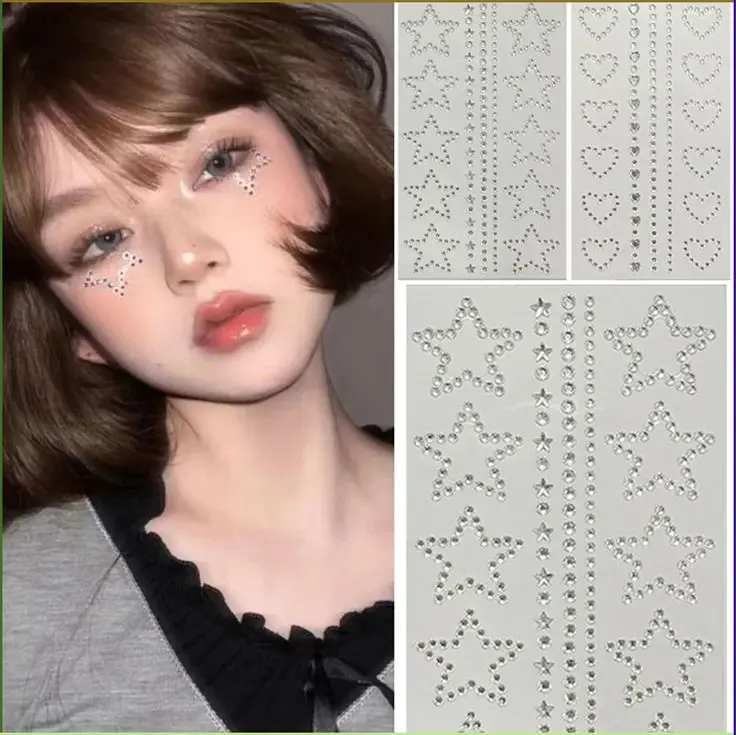 2pcs/set Shine Crystal Face Gems Stickers 3D Heart Stars Shape Rhinestones Stickers for Halloween Makeup Decortions Face Diamond