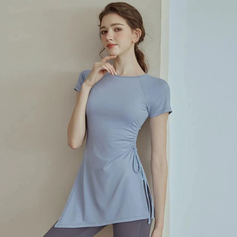 Women Workout Shirts Short Sleeve Tight Long Shirts Side Drawstring Split Sports Top Female Breathable Fitness Yoga Wear